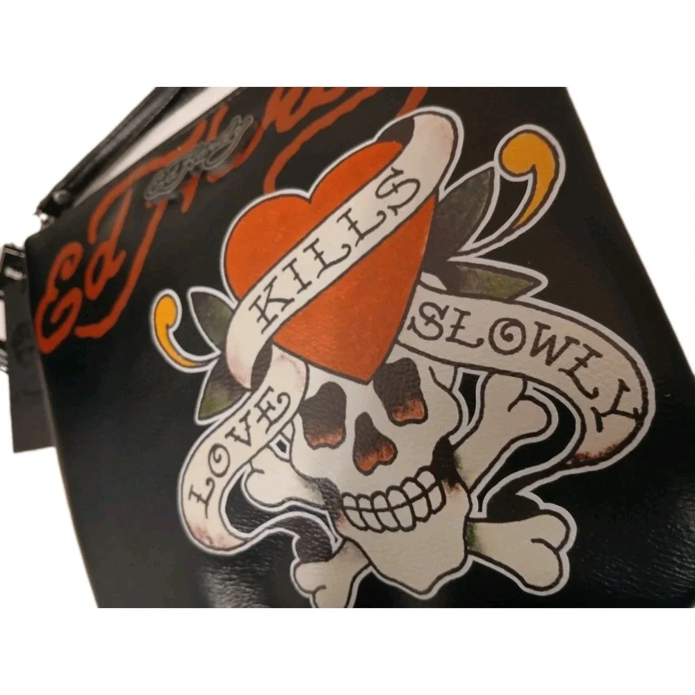 NEW! Ed Hardy Wristlet Zip Clutch Black Moto Purse Skull Roses Punk Skater‎ Love